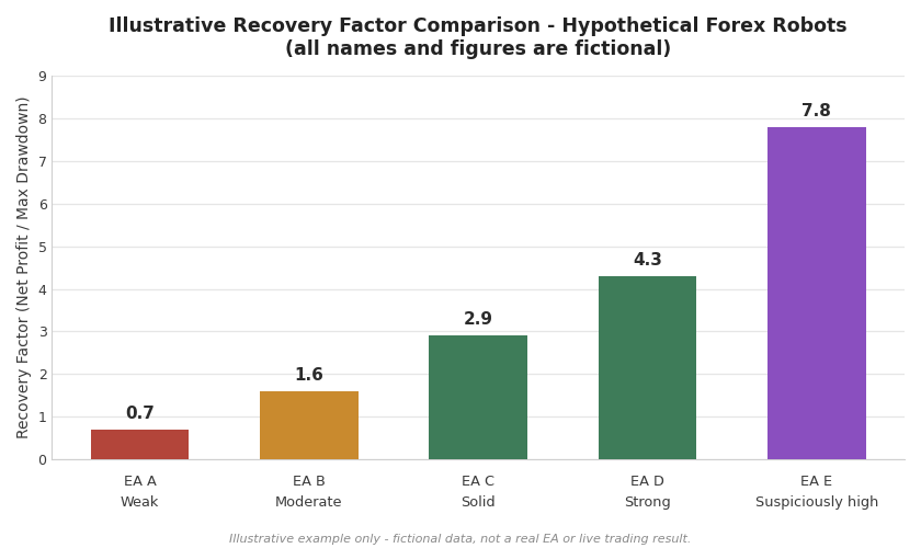 Bar chart comparing recovery factor values across five hypothetical, fictional forex robots, colour-banded from weak to suspiciously high
