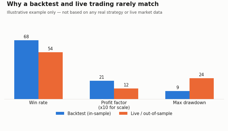 Illustrative bar chart comparing backtest and live trading figures for win rate, profit factor and maximum drawdown